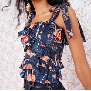 Ulla Johnson Cleo Navy Floral Ruffle Tie-Strap Camisole